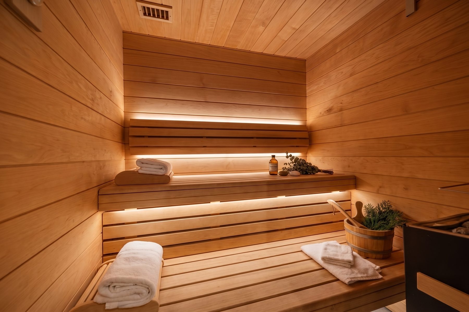 Sauna en bois clair du spa du Grand Hôtel Dauphiné